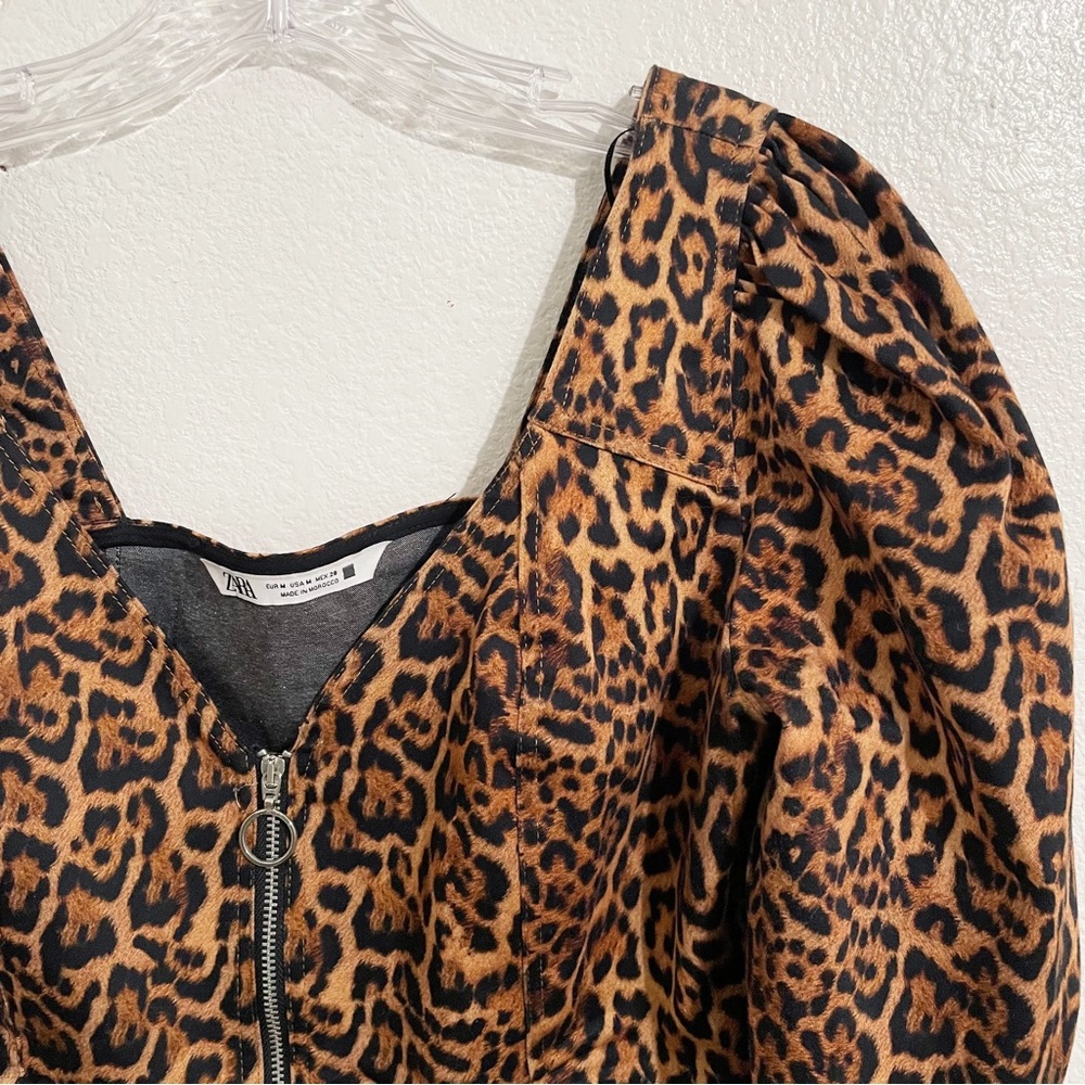 Zara Puff Sleeve Zipper Front Corset Crop Top in Leopard Print - Picture 5 of 8